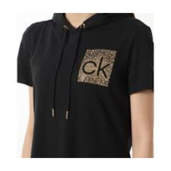 ✨ Calvin Klein Black Hoodie Dress 2XL Gold Logo Preowned - Picture 1 of 7